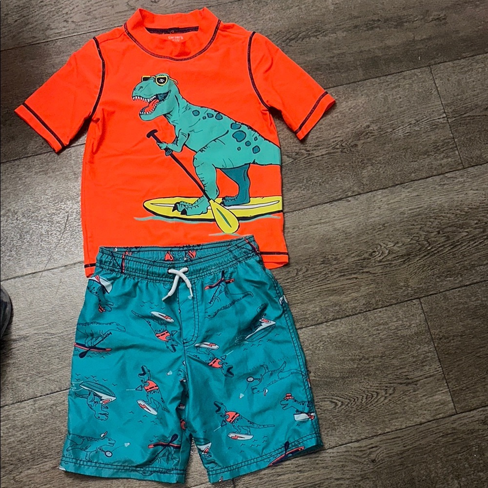 Carter's Orange Rashguard Swim Set with Dinosaur Graphic